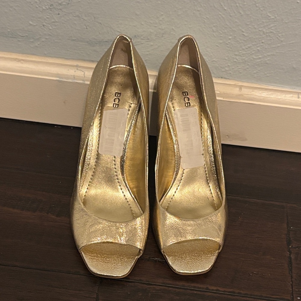 BCBGeneration Metallic Gold Peep Toe Heels